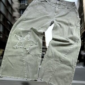 Hot‎ Topic Jeans Women XL Green Wide Leg Star Patch Distressed Raw Hem Mall Goth